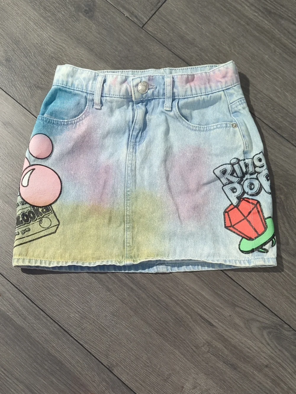 Justice Pastel Tie-Dye Denim Skirt with Bazooka And Ring Pop Graphics